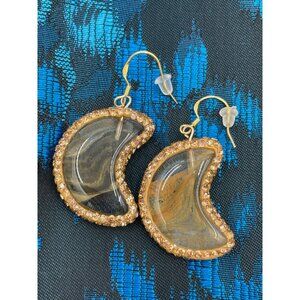 Gold Crescent Moon Earrings With Rhinestone Border